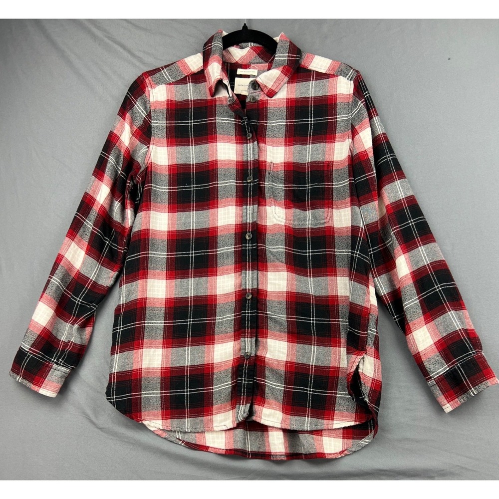 American Eagle Flannel Shirt Womens Medium Boyfriend Fit Red Black Plaid Good